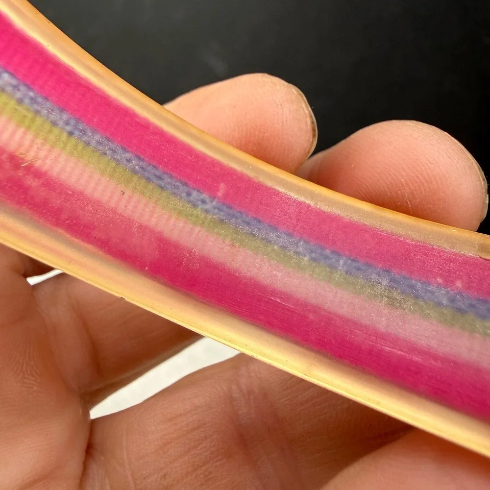 Vintage Bangle Bracelet Pink Striped Fabric Inlay Acrylic Retro 80s 8.5